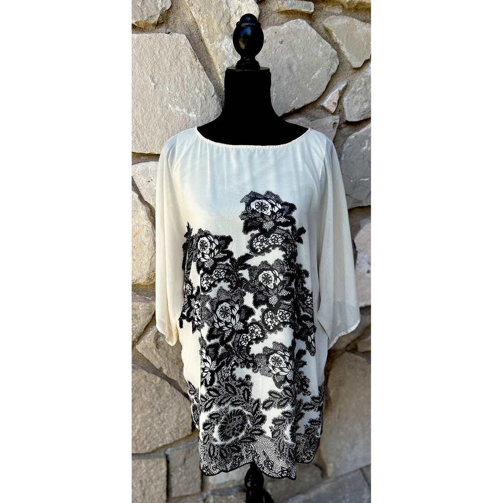 ASOS Tunic Top Size 4 XS Ivory Black FLoral Print Semi Sheer Lined Scalloped Hem